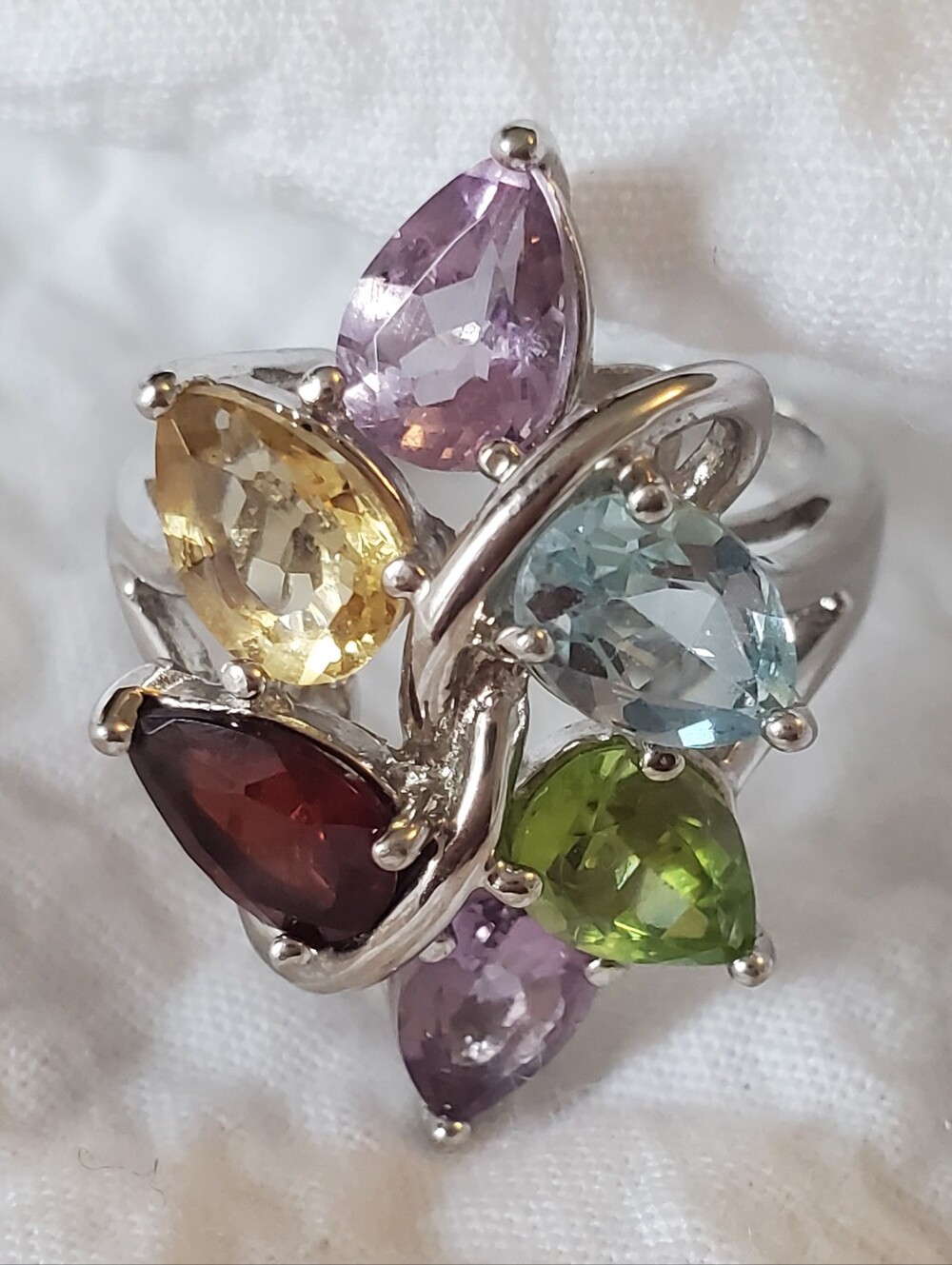 Multistone Pear-Cut Sterling Silver 925 Ring in Purple, Yellow, Blue, Green, Red